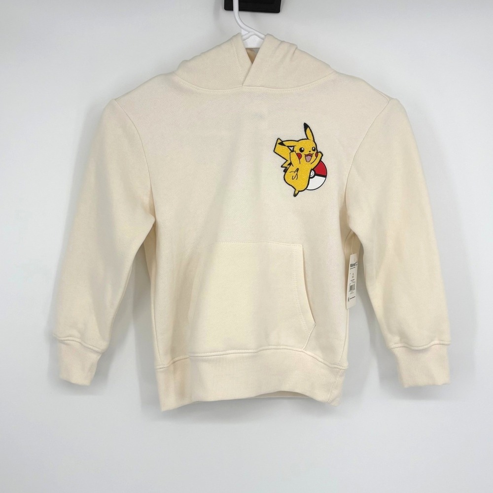 Pokemon Pikachu Hoodie Kids XS 4/5 Off White Graphic Fleece Pullover NEW